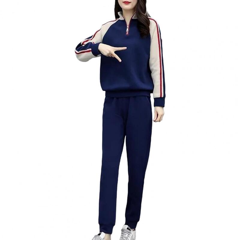 Костюм спортивный женский контрастного цвета, свитшот с воротником-стойкой и брюки с эластичным поясом, Уютная зимняя одежда