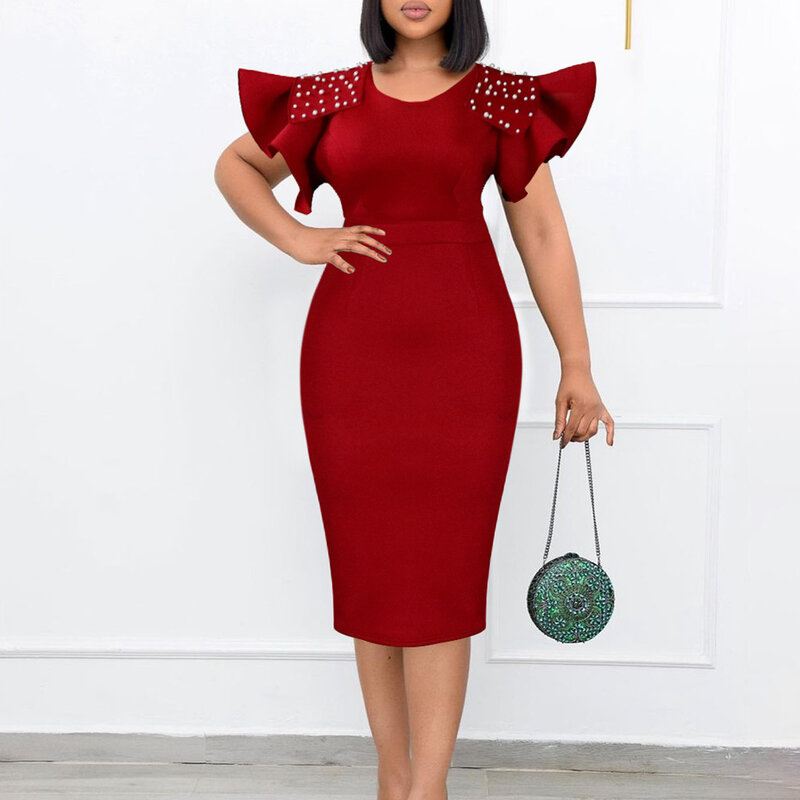 Spring Summer Africa Women Short Sleeve Sexy O-Neck Slim Dress Office Lady Party Knee-length Dress African Dresses for Women