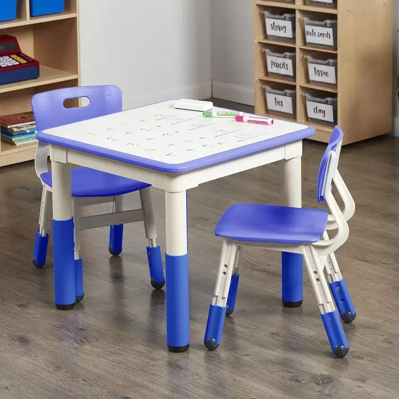 Mesa Móvel Infantil, Mesa de Endro Seco, Quadrado com 2 Cadeiras, Mobília Ajustável, Azul, Conjunto de 3