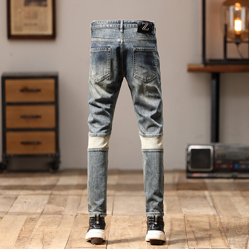 Pantalones vaqueros con diseño de costura para hombre, Jeans ajustados, elásticos, Retro, informales, a la moda