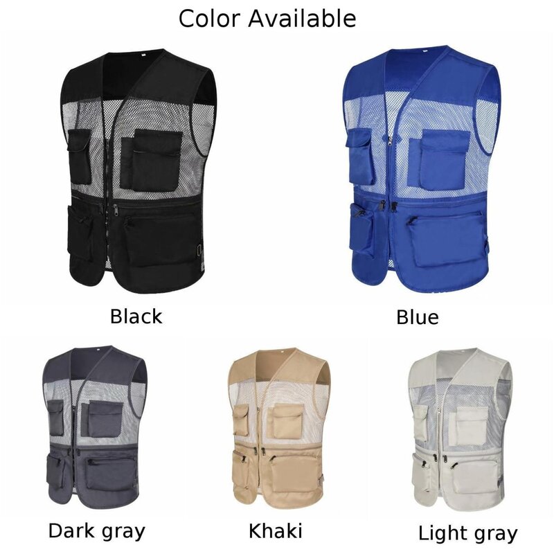 Colete sem mangas multi bolsos para homens, colete fotografia, jaqueta ao ar livre, azul, cáqui, cinza, preto