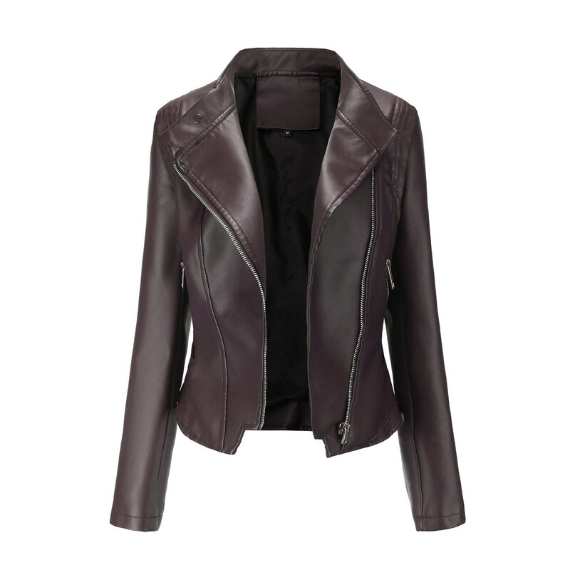 2024 Ladies New PU Leather Lapel Slim-Fit Leather Coat Autumn Long Sleeve Short Leather Jacket