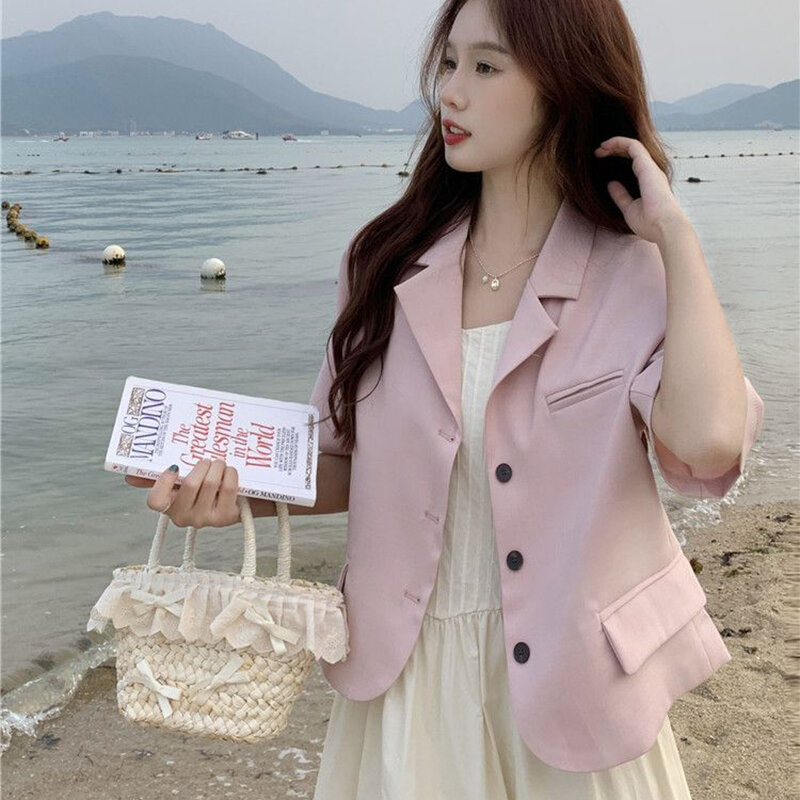 Pink Short Sleeve Suit Jacket Women 2024 Elegant Office Single Breasted Blazer Woman Summer Lapel Collar Casual Cropped Coat