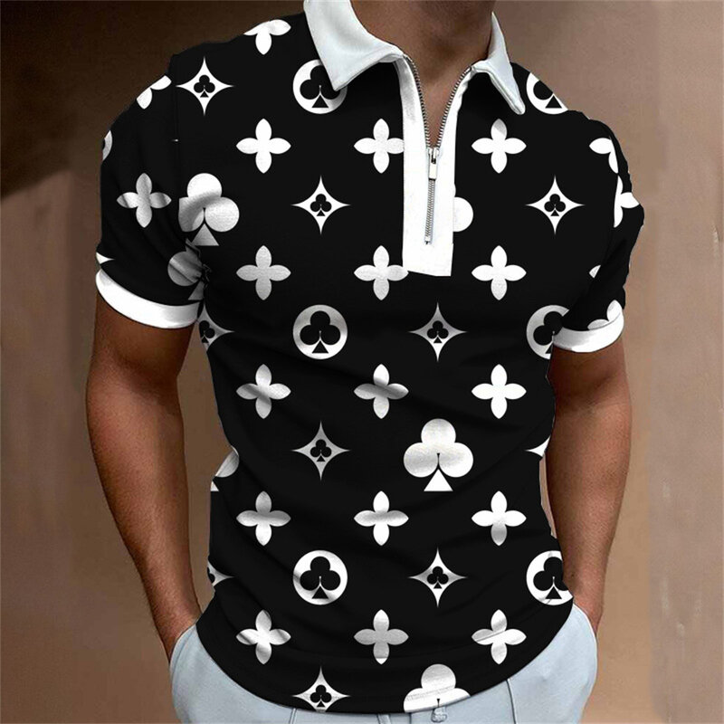 2023 New Zipper Colorful Printed Men's Summer Short -sleeved POLO Shirt