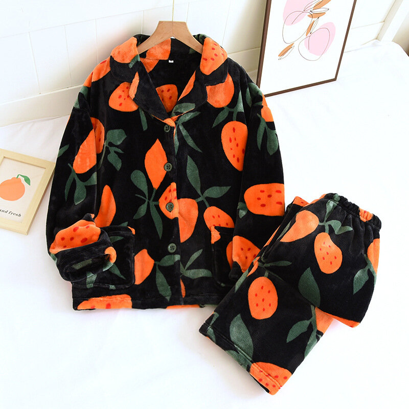 QSROCIO Vrouwen Pyjama Set Warm Flanel Oranje Print Nachtkleding Casual Homewear V-hals Nachtkleding Femme Nieuwe Voor Winter