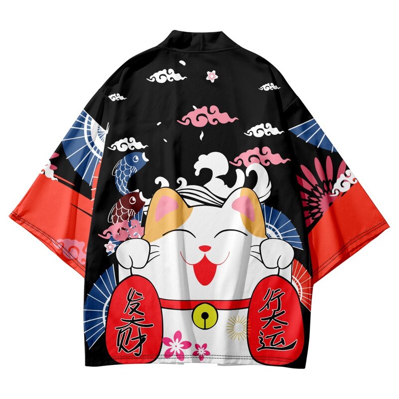 Japanese Cartoon Lucky Cat Cardigan Kimono Women Men Haori Cosplay Tops Shirts Fashion Casual Beach Yukata Plus Size 6XL 5XL