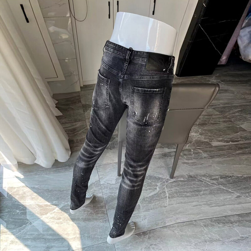 Jeans de couro rasgado elástico retrô masculino, calça designer remendada, marca hip-hop, moda de rua, preto e cinza