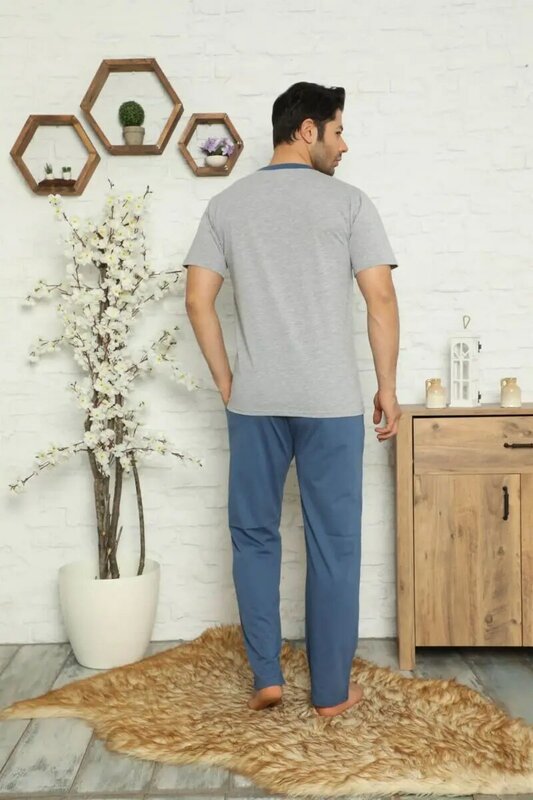 Linha de moda masculina 100 algodão bolsos manga curta conjunto de pijama