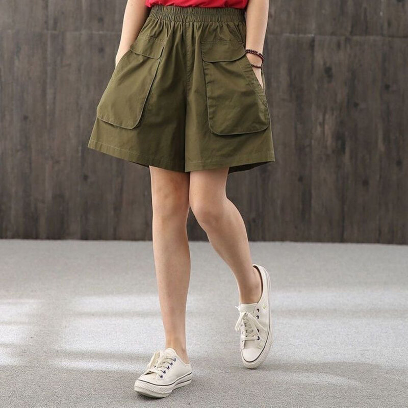 Modne elastyczne kieszenie Cargo wygodne szorty odzież damska 2024 lato luźna koreańska jednolita kolorowa spodenki z wysokim stanem