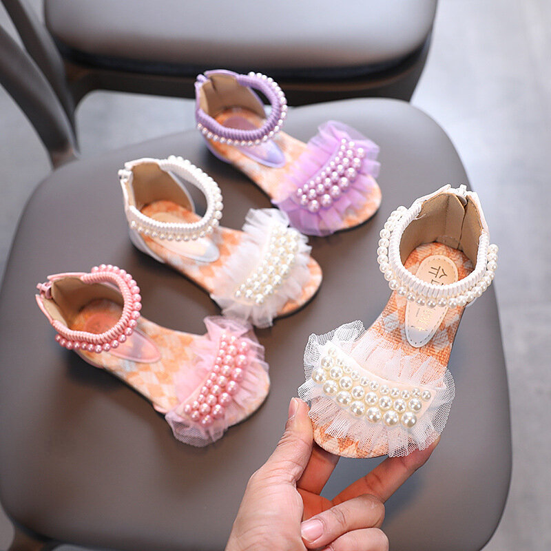 Sandal pantai anak perempuan, Kasut berlian imitasi putri renda bunga mutiara musim panas ukuran 21-36 G605