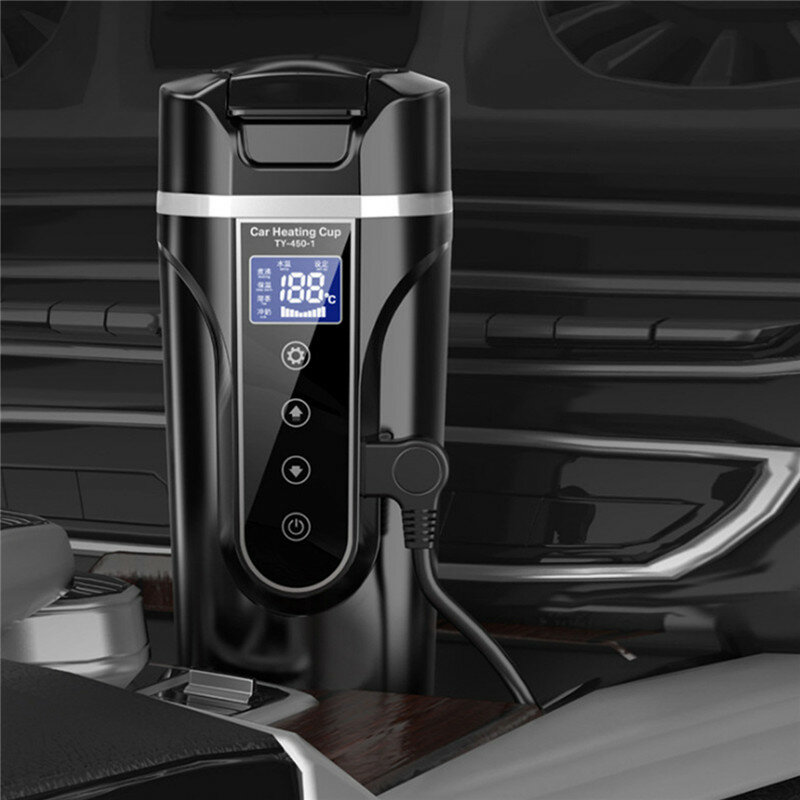 Tazza riscaldante per auto in acciaio inossidabile da 450ml 12V/24V tazza d'acqua elettrica Display LCD temperatura bollitore caffè tè latte riscaldato