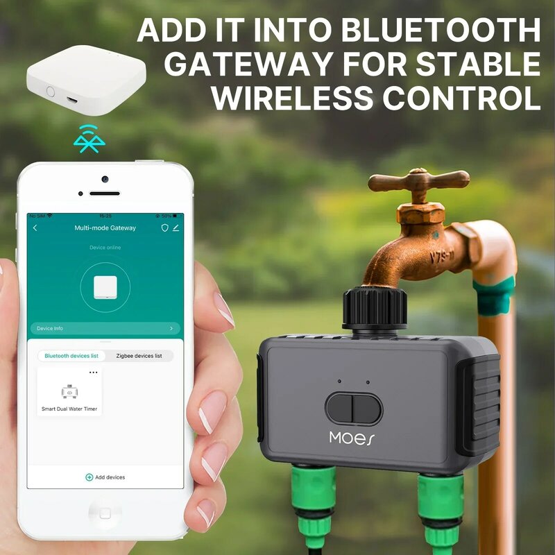 Moes Bluetooth Smart 2-weg Waterklep, Tuinsproeier, Programmeerbare Timer, Filter, Regenvertraging, Automatische Irrigatiecontrole