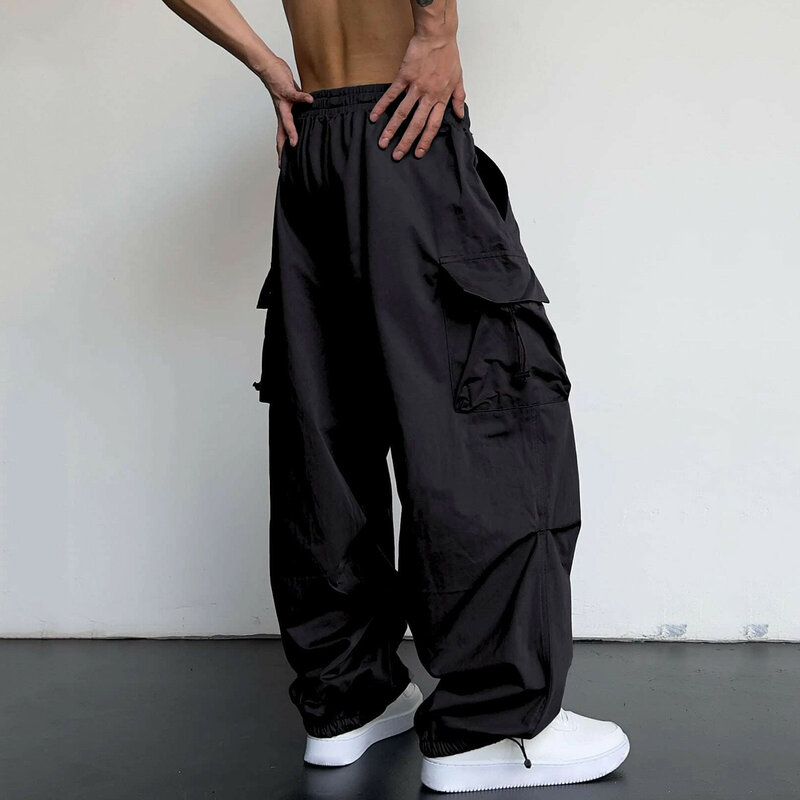 Homens multi-bolso pé corda calças de carga, calças largas, cintura alta, sweatpants Drawstring, esporte, casual, trabalho, streetwear