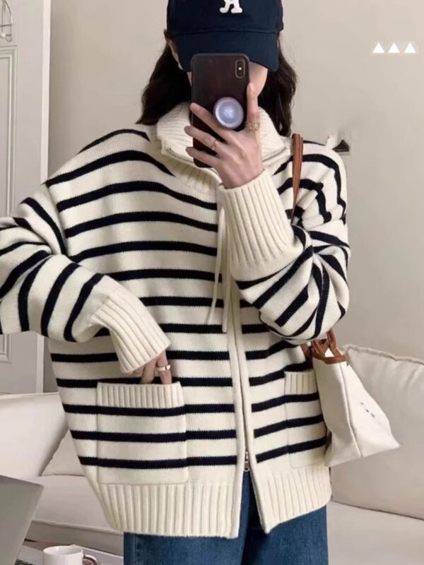 Striped Half High Neck Cardigan Korean Versatile Zippered Knitted Sweater For Women Clothing Spring Casual Simple Female Coat