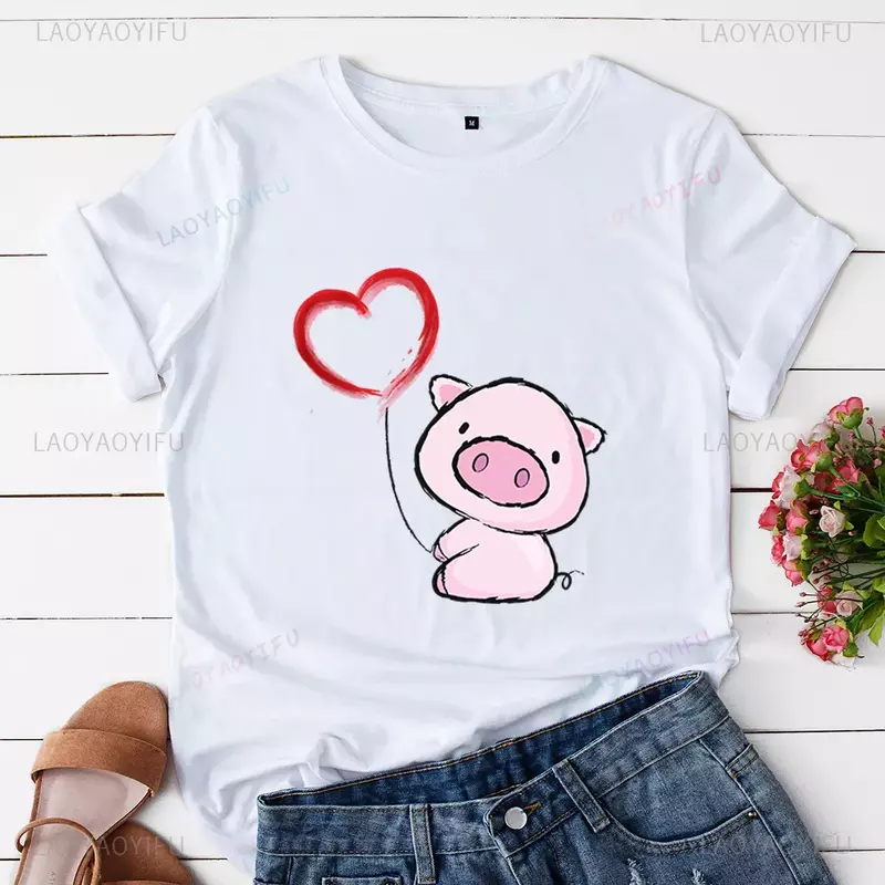 Camiseta de manga corta con estampado de dibujos animados para mujer, ropa de calle holgada informal de algodón con estampado de cerdo y amor, moda Kawaii, Verano