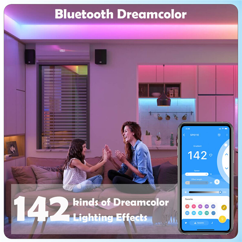 Bande lumineuse à LED WS2811 RGBIC, Pixel adressable, Bluetooth, effet de chasse, pour la maison