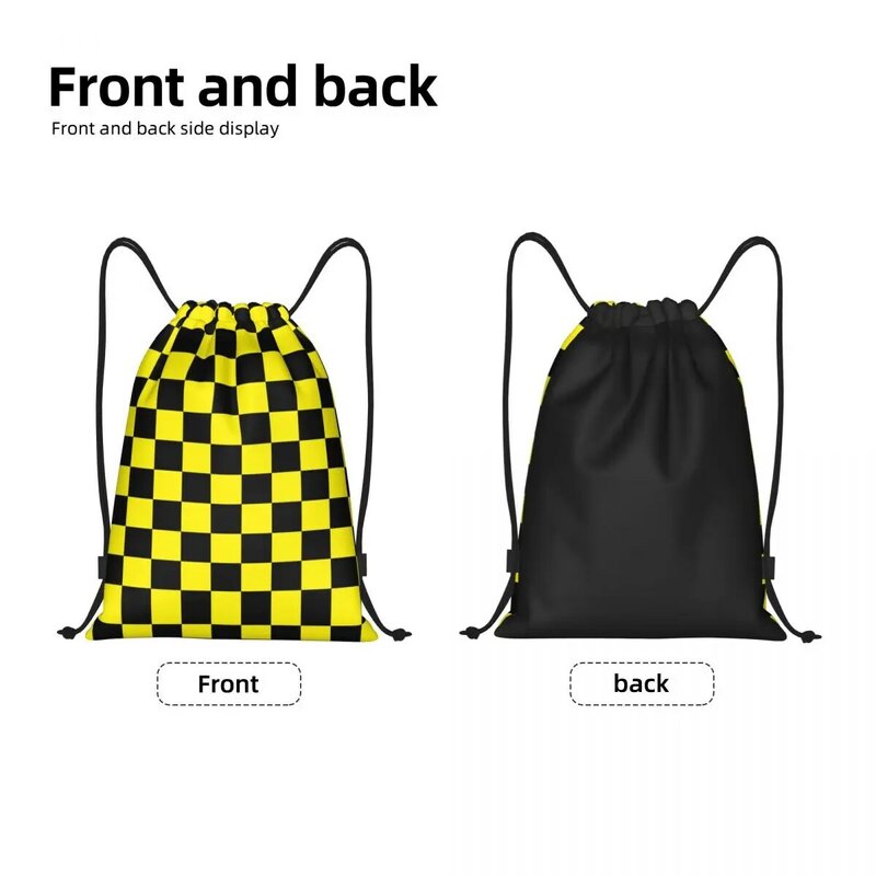 Custom Yellow Black Checkered Pattern Drawstring Bag Women Men Lightweight Sports Gym Storage Backpack
