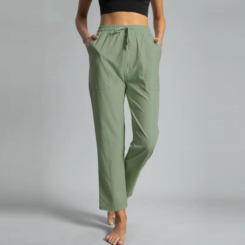 Celana lurus wanita warna polos, celana panjang serut elastis pinggang tinggi kaki lebar dengan saku celana pantalon trendi