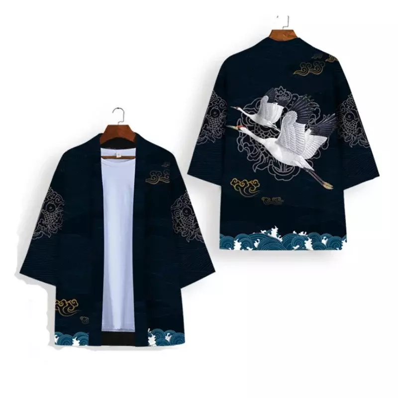 Кимоно для косплея для мужчин и женщин, пляжный кардиган с Оби, хаори, Самурай, юката, традиционная Японская уличная одежда, черный белый