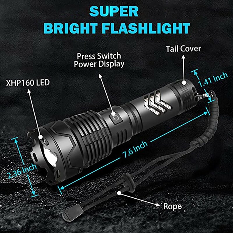 مصباح يدوي XHP160 من hotrecharge مصباح LED محمول باليد مصنوع من الألومنيوم مصباح إضاءة قوي من النوع C كشاف زووم تكتيكي بقدرة 5000 مللي أمبير في الساعة شحن مباشر
