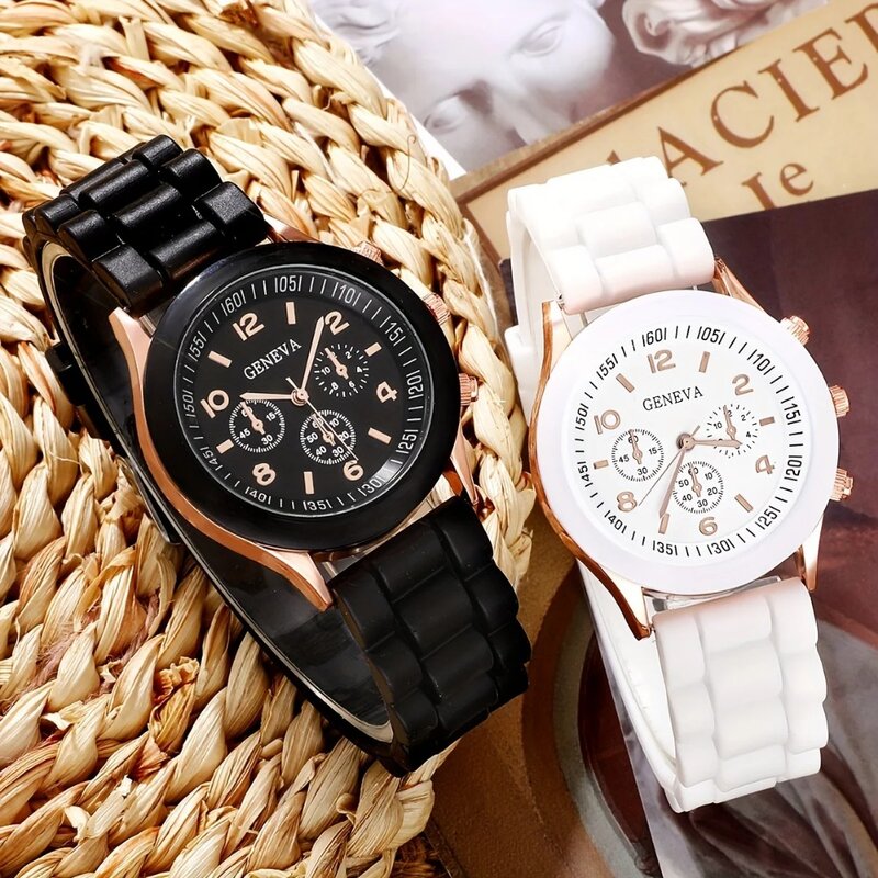 Reloj de cuarzo de goma para hombre y mujer, accesorio de pulsera minimalista, a la moda, color blanco y negro, 2 piezas