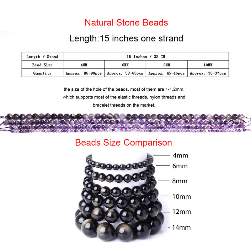 Cuentas sueltas de piedras redondas naturales para la fabricación de joyas, accesorios de collar de amatista de cuarzo de cristal curativo, pulsera DIY, 4mm, 6mm, 8mm, 10mm