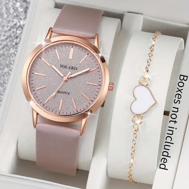 Relógio Quartz com pulseira de couro PU para mulheres, pulseira PU, liga de zinco, ponteiro e bracelete coração, joias não incluem caixa de relógio, 2 peças