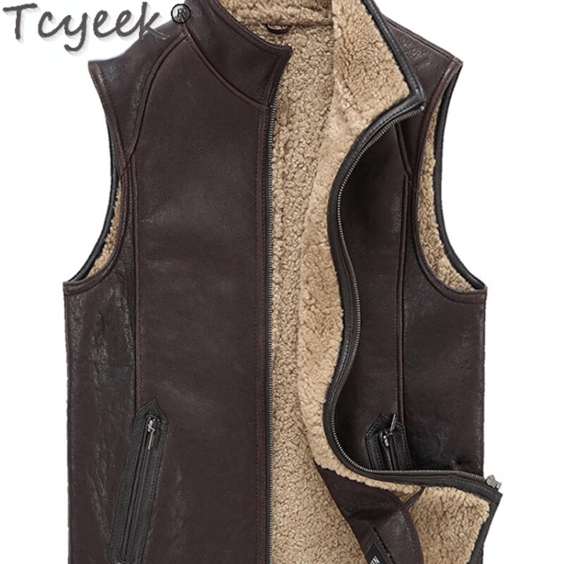 Tcyeek-Chaqueta de motocicleta de cuero Real para hombre, chaleco de piel cálida, ropa de cuello alto, chaleco de lana de piel de oveja Natural, moda de invierno