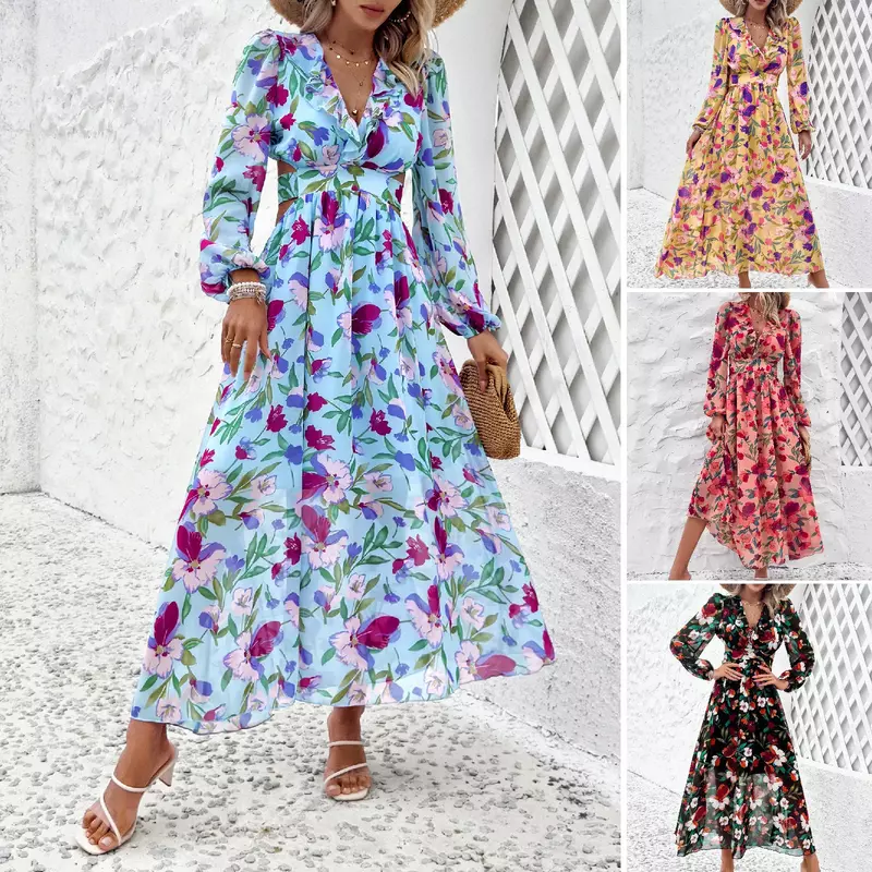 YEAE Women's Long Sleeve Casual Fashion Printed V-Neck Dress Spring Summer Hot Sale Holiday Party Women's Long Dresses New 2024