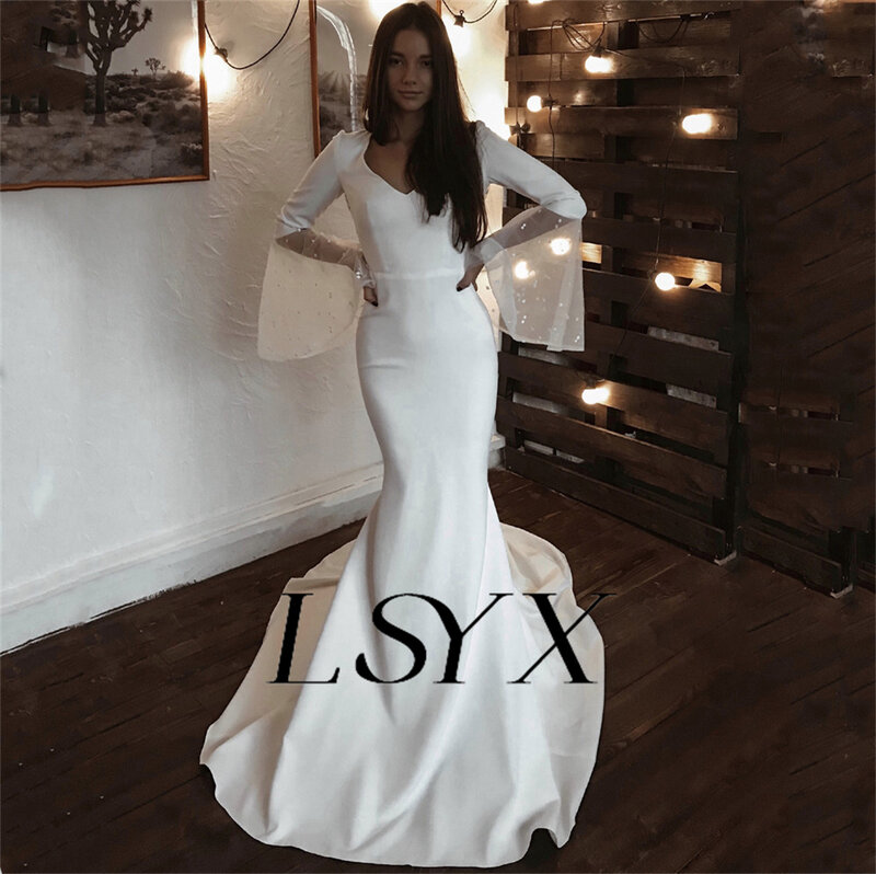 LSYX-V-Neck longo Alargamento mangas vestido de casamento para mulheres, crepe, frisado, cortar para trás, trem tribunal, sereia, vestido de noiva, feito sob encomenda