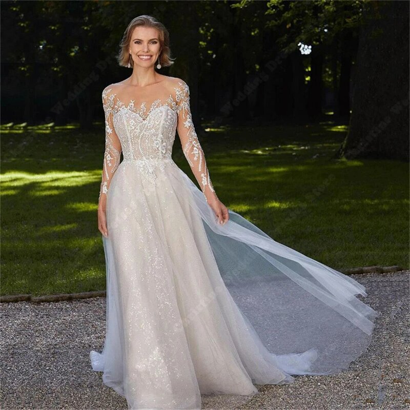 Smooth Tulle A-Line Wedding Dresses Off The Shoulder Lace Long Sleeve Bridal Gowns New Listing Luminous Fabric Vestidos De Novia