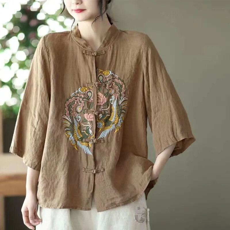 Chemise en lin de coton brodée folklorique vintage pour femmes, col montant, bouton, tempérament adt, chemises cardigan, été, nouveau