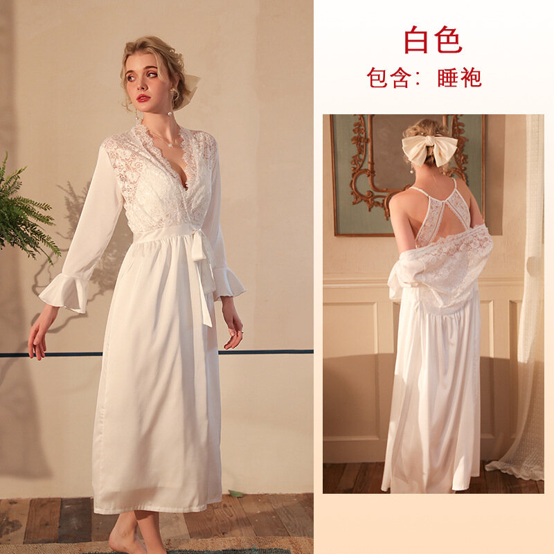 Bride Bathrobe V-Neck Nightgown Women Kimono Dressing Gown Homewear Summer Lace Hollow Out Robe Sleepwear Long Loungewear