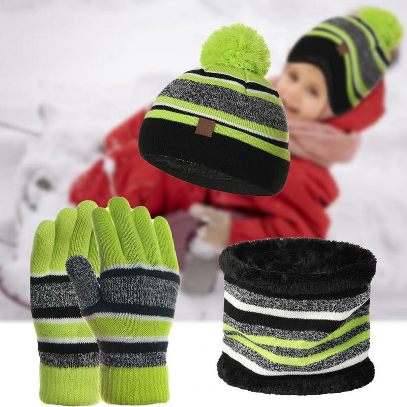 Luvas de tricô chapéu cachecol para crianças, Boné respirável macio, Luvas listras quentes, 1 conjunto
