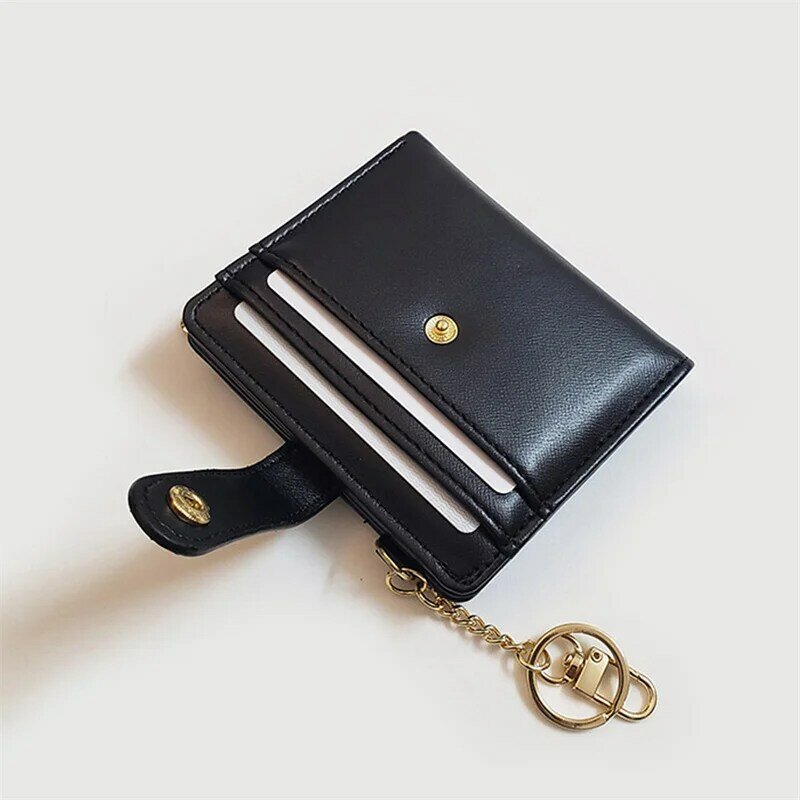 여성용 PU 동전 지갑, 짧은 지갑, 얇은 작은 지갑, 세련된 금속 단추, 진짜 가죽 카드홀더 지갑, 키체인