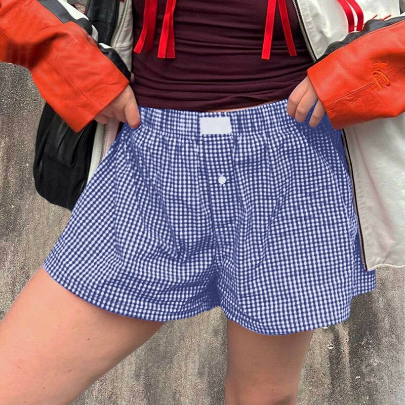 Calção xadrez de cintura elástica feminina, fundo de pijama frontal de botão, calça curta solta, roupa casual para menina, novo, Y2K, 2022