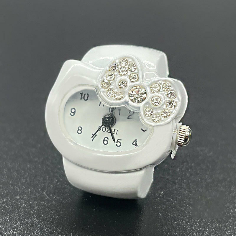 ขายดีนาฬิกาแหวนเพชรหุ้มเพชรที่เรียบง่ายประดับมือผู้หญิงโบว์น่ารักหน้าปัดสีขาว