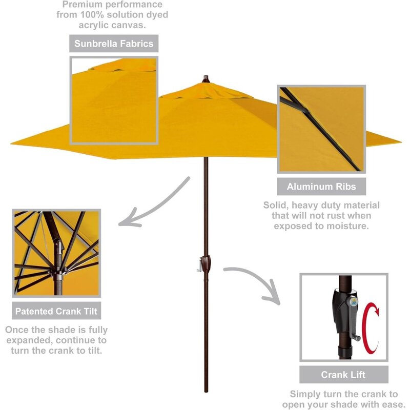 Aluminium Patio Paraplu, Crank Lift, Auto Tilt, Bronzen Paal, Zonnebloem Gele Patio Parasols