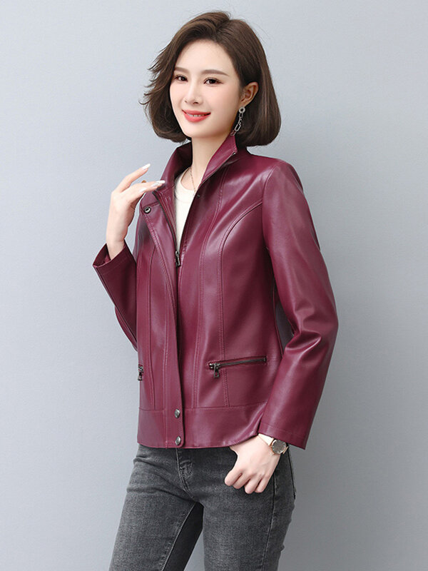 New Women Leather Jacket Autumn Winter Casual Fashion Stand Collar Long Sleeve Slim Short Sheep Leather Coat Spring Outerwear