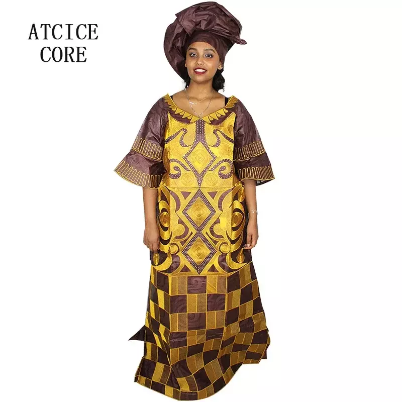 Gaun Afrika untuk wanita Bazin Riche komputer bordir ukuran Plus gaun panjang dengan syal