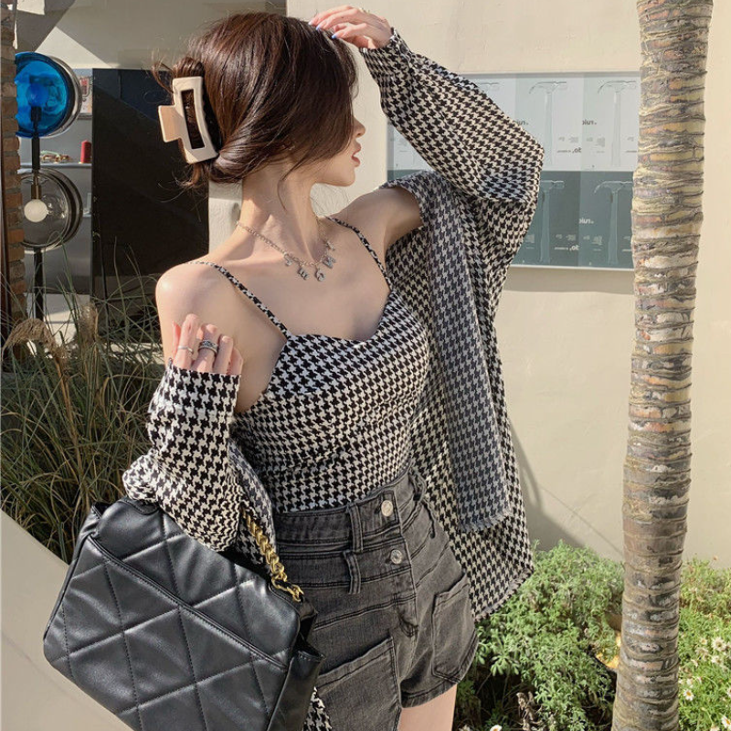 Matching Sets Women 2 Pieces All-match Plaid Long Sleeve Shirts Cropped Camisole Sexy Sun-proof Ulzzang Fashion Classy Female