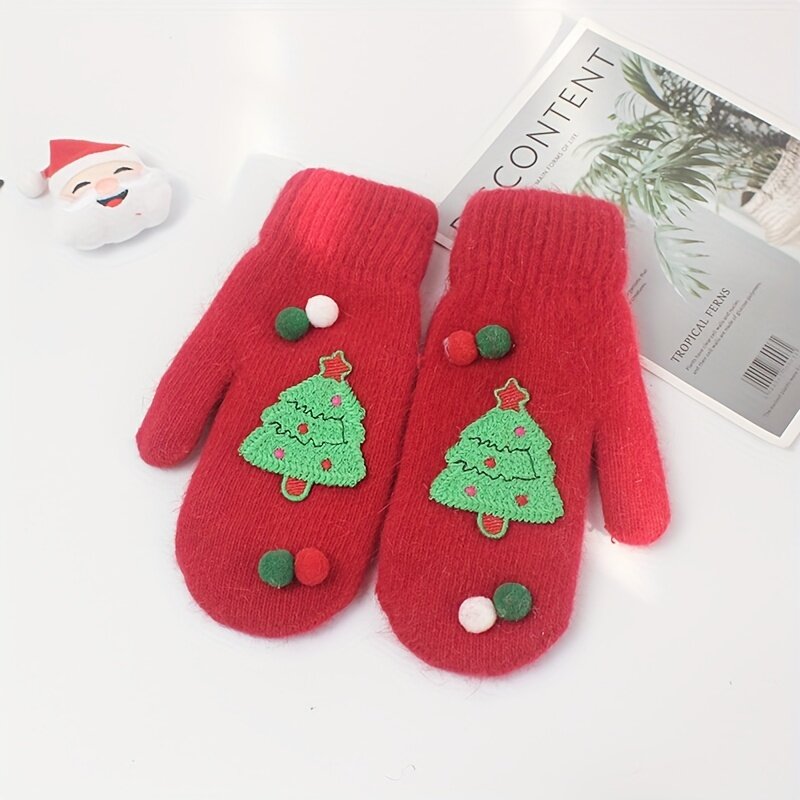 Christmas Atmosphere Knit Mittens Cute Cartoon Elements Plus Velvet Warm Gloves Autumn Winter Coldproof Decoration Women Gloves