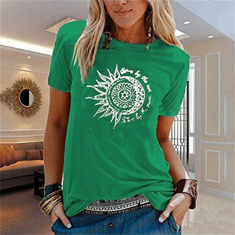 Camiseta Feminina de Sol e Lua Estampada, Manga Curta, Decote O, Diversão, Gráficos Estéticos, Lady Teen Girls Streetwear, Nova Chegada