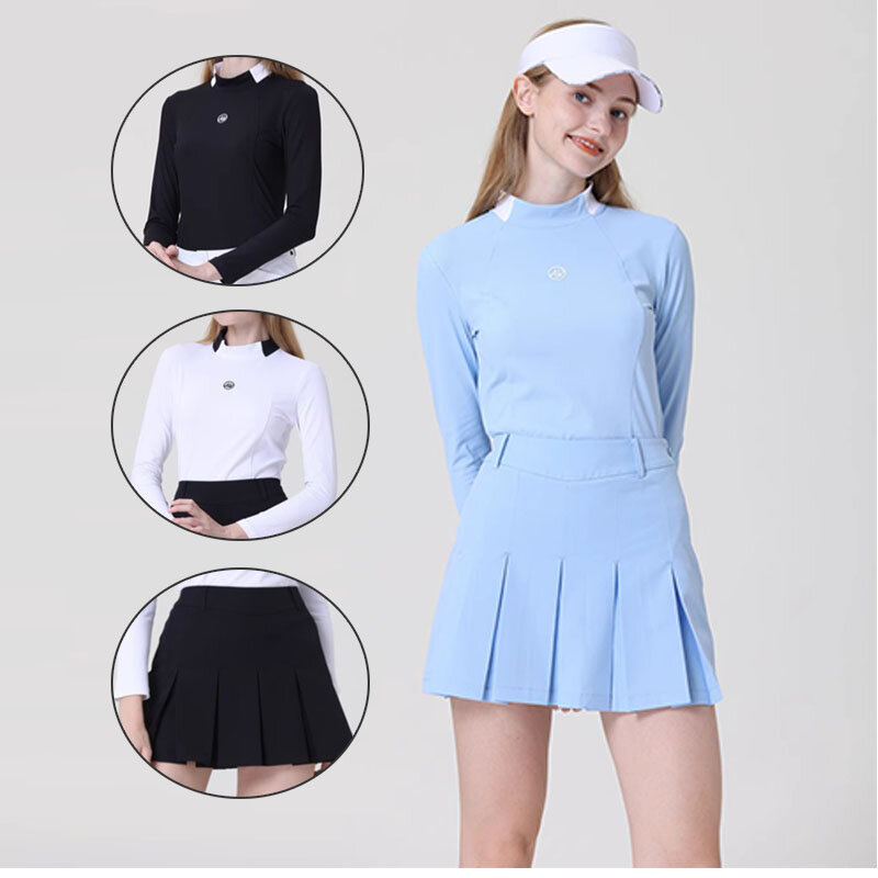 Azureway rok Golf wanita, baju atasan pinggang tinggi ramping model A-line, Rok Golf perca, baju wanita lengan penuh leher-o, setelan kuliah modis