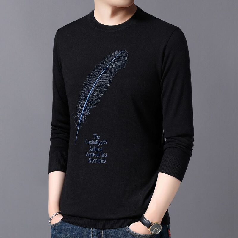 COODRONY męska nowa popularna moda t-shirt z długim rękawem wzór z piór sensowny Top 2023 nowy swobodny ciepły sweter W5808
