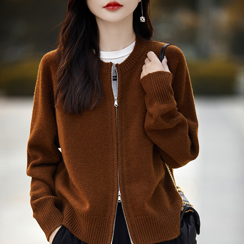 Cardigã de zíper curto feminino, suéter 100% lã merino, malha casual, tops coreanos populares, manga comprida, primavera e outono