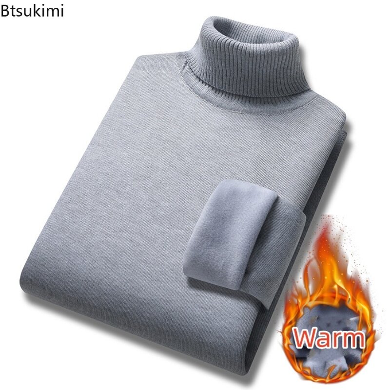 New 2024 Basic Warm Sweater for Men Winter Casual Pullover Warm Turtleneck Sweater Velvet Thick Solid Slim Bottoming Shirt Homme