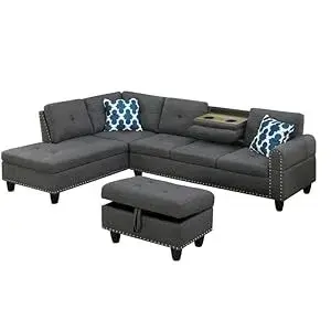 Divano da soggiorno, divano segmentato in tessuto di poliestere per mobili, grigio, segmentato convertibile