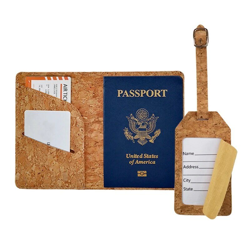 Juego de Etiquetas de equipaje de soporte de pasaporte de corcho elegante y hermoso portátil antipérdida de pelo liso de fábrica