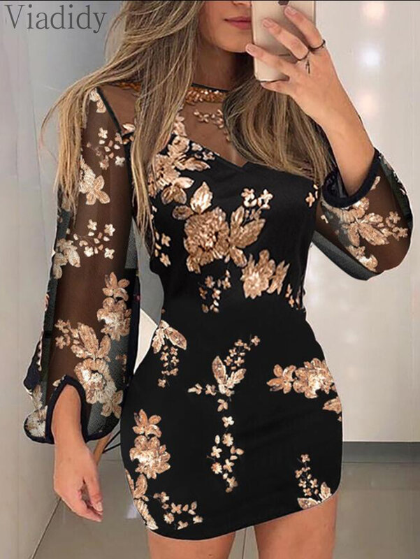 Women Casual Solid Color Contrast Sequin Embroidery Sheer Mesh Lantern Sleeve Party Dress